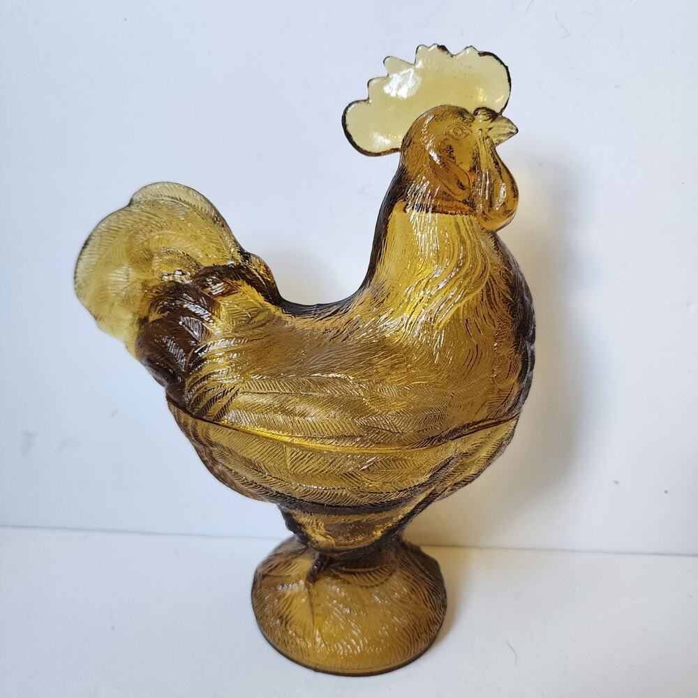 Vintage Golden Amber Glass Rooster Pedestal Lidded Candy Dish 9” Tall Unmarked - Picture 2 of 9